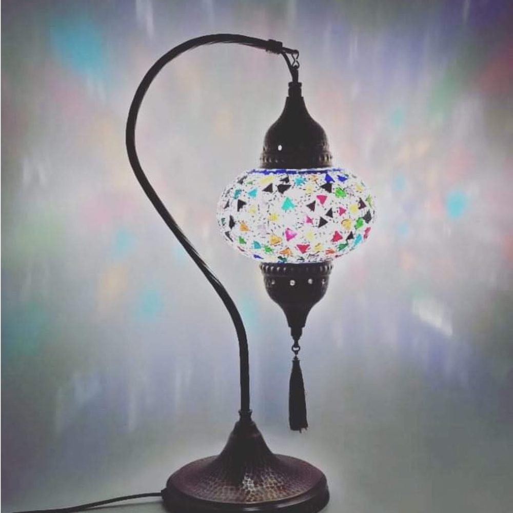 Turkish Morrocan Tiffany Mosaic Style Table Lamp with Hammered Bronze